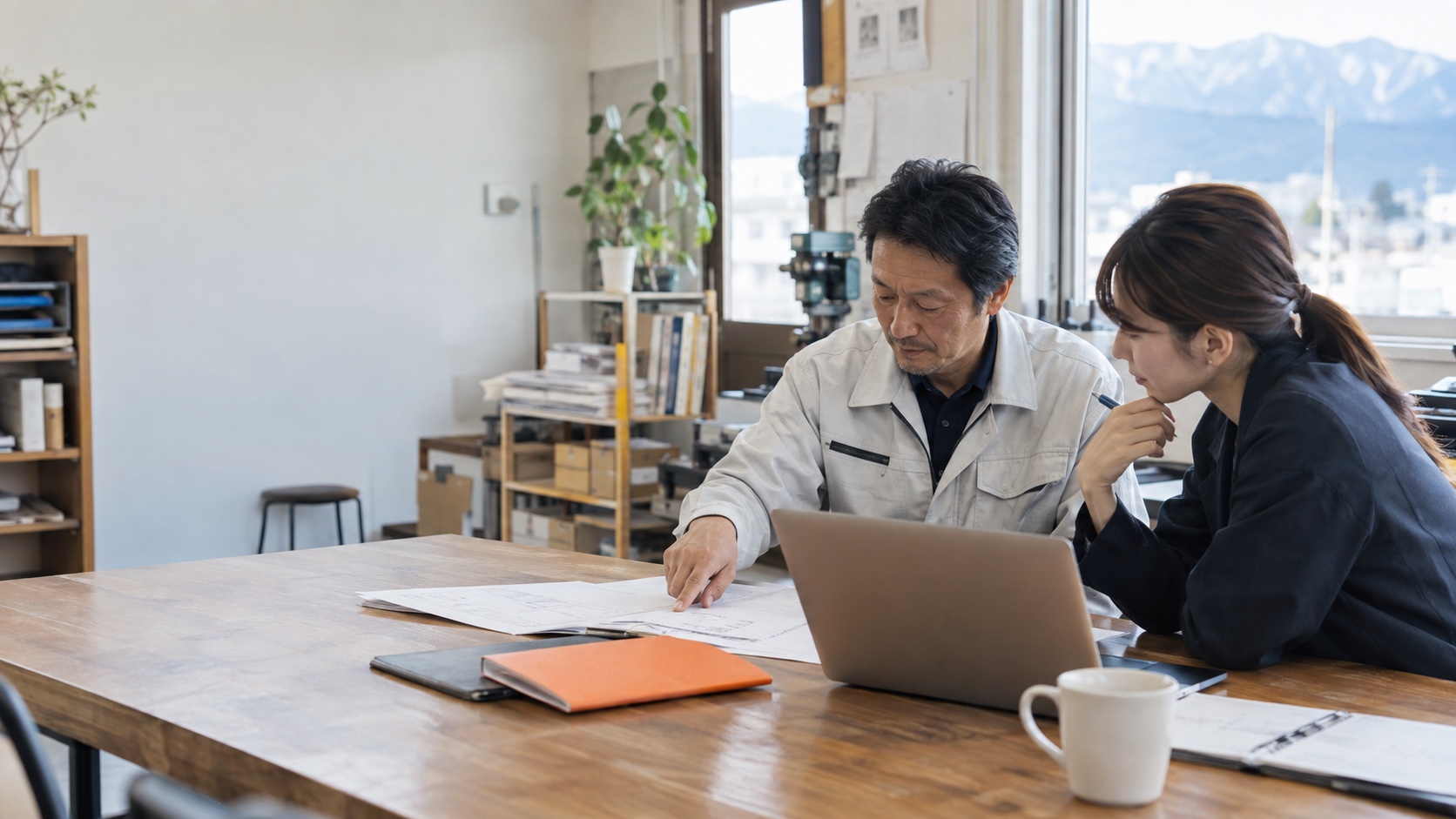 地域企業の現場で、業務資料を見ながら課題を整理する様子
