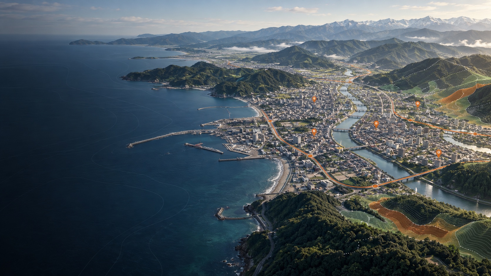 地域の地形、まち、道路などの情報を重ね合わせた地図のイメージ